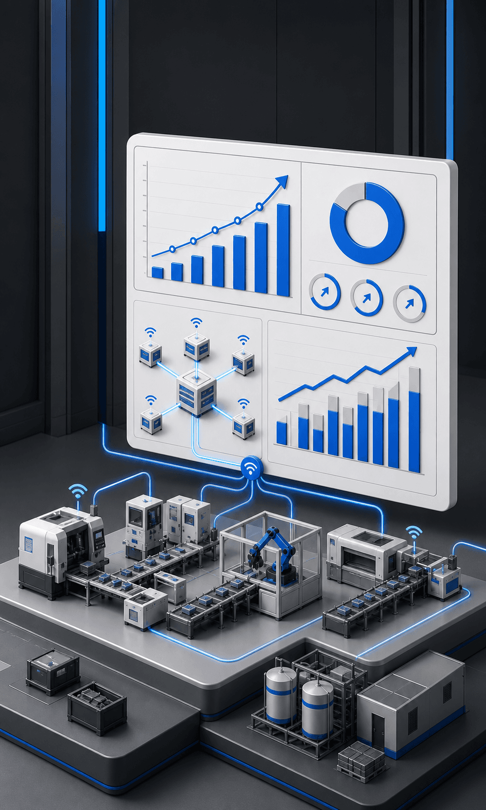 Illustrated factory production line connected to growing data analytics